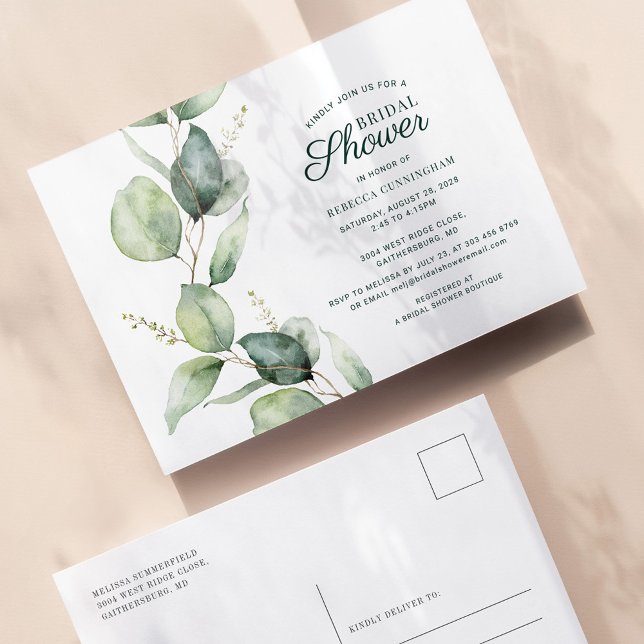 Cartão Postal De Convite Chá de panela Eucalyptus Greenery Foliage (Eucalyptus Greenery Botanical Bridal Shower Invitation Postcard)