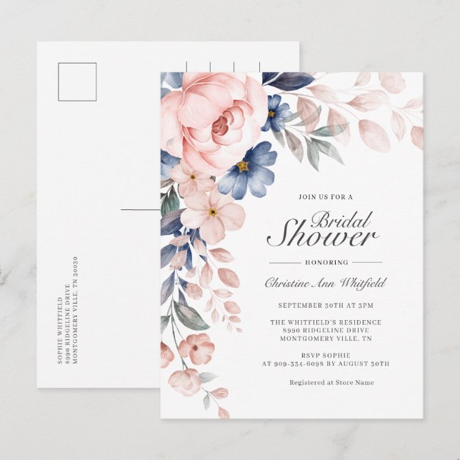 Cartão Postal De Convite Chá de panela Floral Azul Rosa Moderno (Frente/Verso)