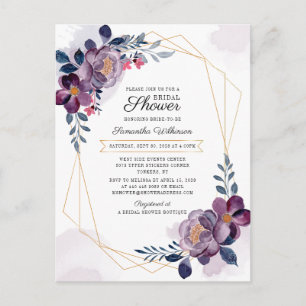 Cartão Postal De Convite Chá de panela Floral de Blush Geométrico Roxo Mode