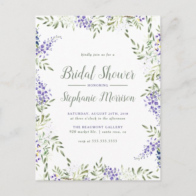 Cartão Postal De Convite Chá de panela Floral de Frame Wisteria Watercolor (Frente)