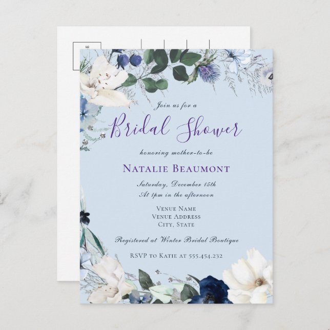 Cartão Postal De Convite Chá de panela Floral Elegante Azul Dusty (Frente/Verso)