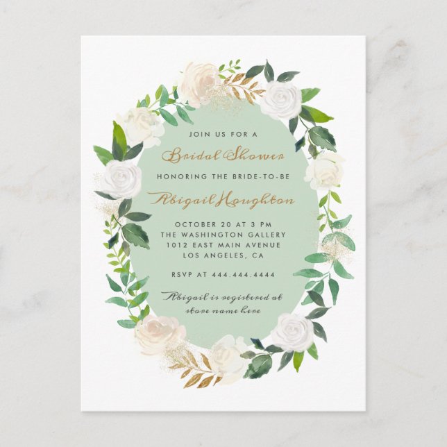 Cartão Postal De Convite Chá de panela Floral Floral de Wreath Chic Cream (Frente)