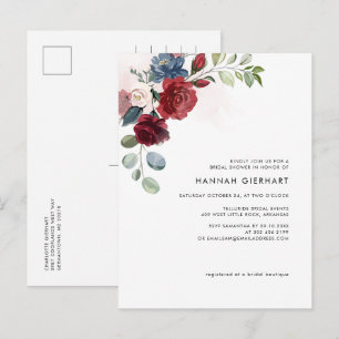 Cartão Postal De Convite Chá de panela Floral Moderno Elegante Burgundy
