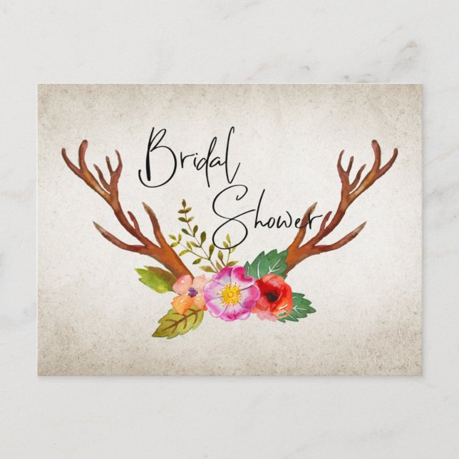 Cartão Postal De Convite Chá de panela Floral Rustic Deer Antlers (Frente)