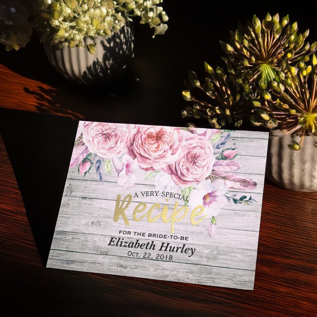 Cartão Postal De Convite Chá de panela Receita Água Madeira Floral Rústica (Criador carregado)