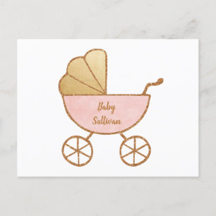 Cartão Postal De Convite Chá Virtual Baby Girl Dourado, cor-de-rosa-Carruag