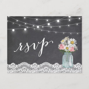 Cartão Postal De Convite Chalkboard Lights Mason Jar Floral Weding RSVP