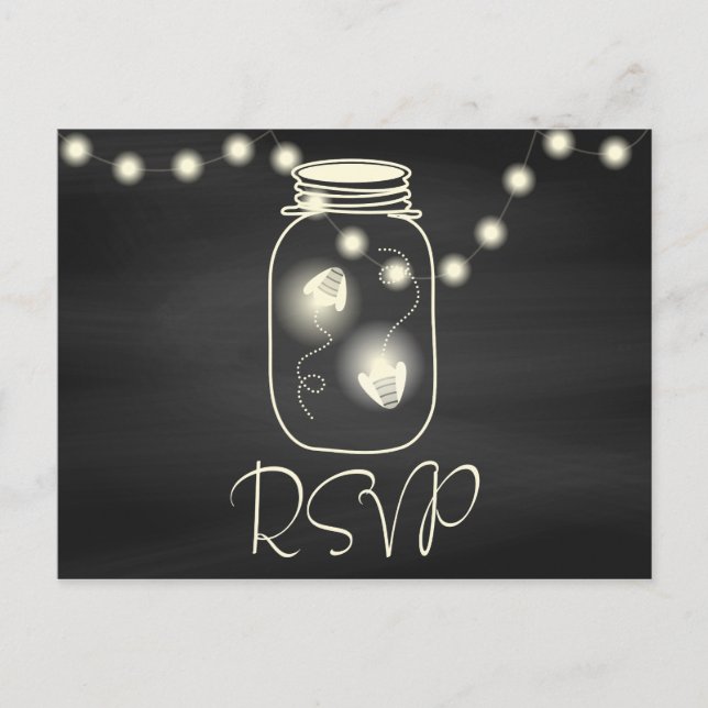 Cartão Postal De Convite Chalkboard Mason Jar com Fireflies Casando RSVP (Frente)