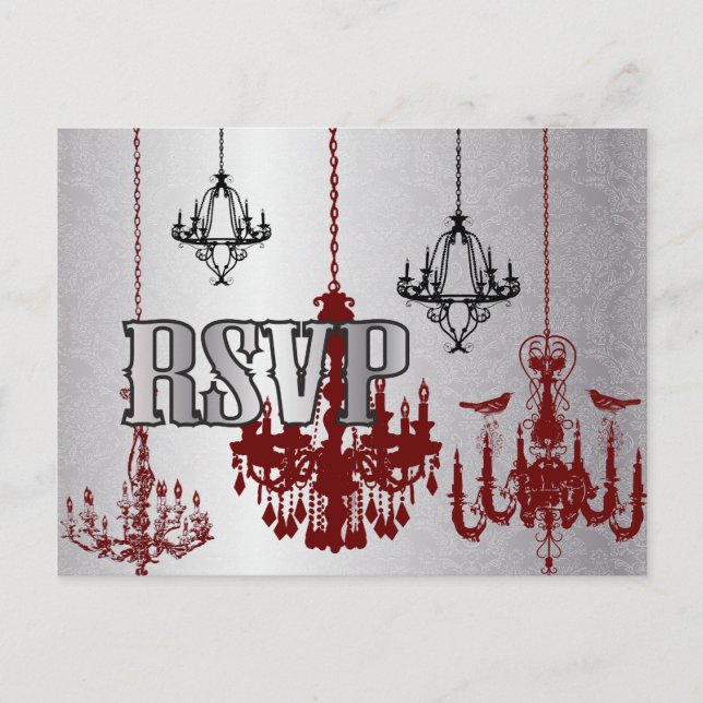 Cartão Postal De Convite Chandelier Vermelho e Preto - Placa RSVP (Frente)