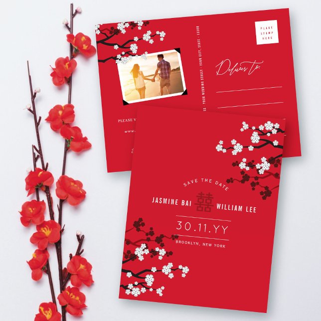 Cartão Postal De Convite Cherry Blossoms Chic Weds China Salvar Data (White Cherry Blossoms On Red, Double Happiness Chinese Wedding Save The Date Postcard @ fat_fa_tin)