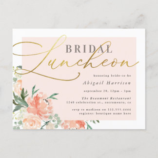 Cartão Postal De Convite Chic Blush e Dourado Script Floral Bridal Lunchee
