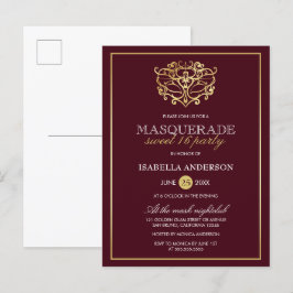 Cartão Postal De Convite Chic Burgundy Red & Dourado Mascarada Doce 16 Part