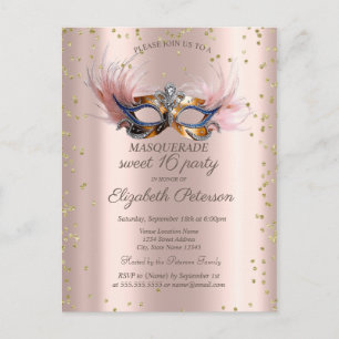 Cartão Postal De Convite Chic Diamonds Rose Gold Masquerade Sweet 16