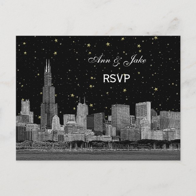 Cartão Postal De Convite Chicago Skyline Etchada Starry DIY BG RSVP 1 (Frente)