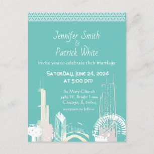 Cartão Postal De Convite Chicago Skyline green e pastel casamento