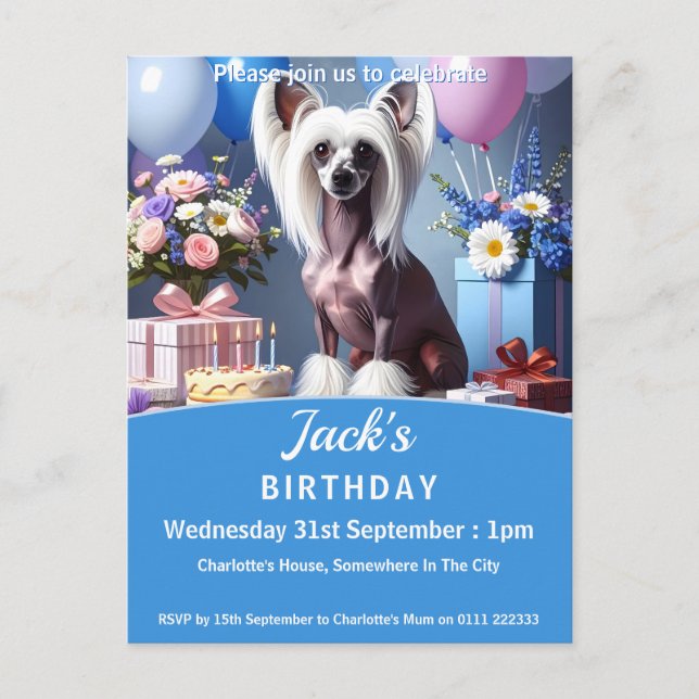 Cartão Postal De Convite Chinese Crested Birthday Party (Frente)