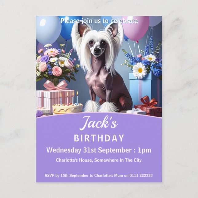 Cartão Postal De Convite Chinese Crested Birthday Party (Frente)