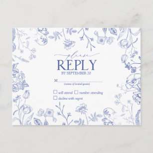 Cartão Postal De Convite Chinoiserie French Blue Victorian Floral RSVP
