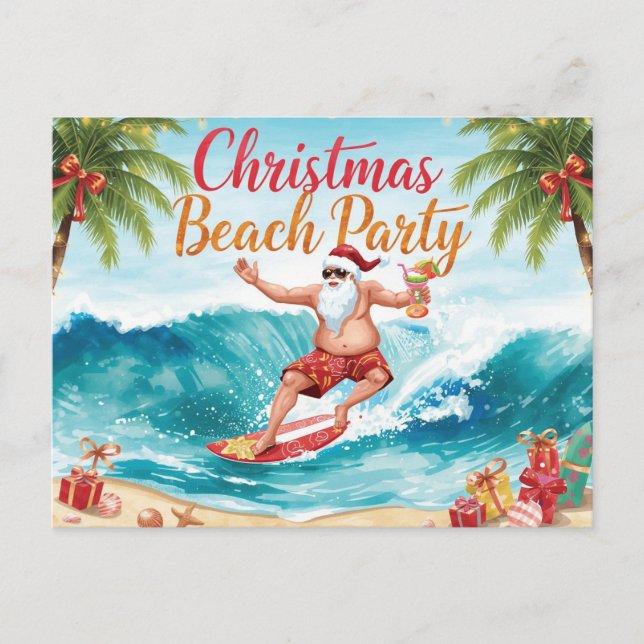 Cartão Postal De Convite Christmas Beach Party – Tropical Santa Surfing  (Frente)