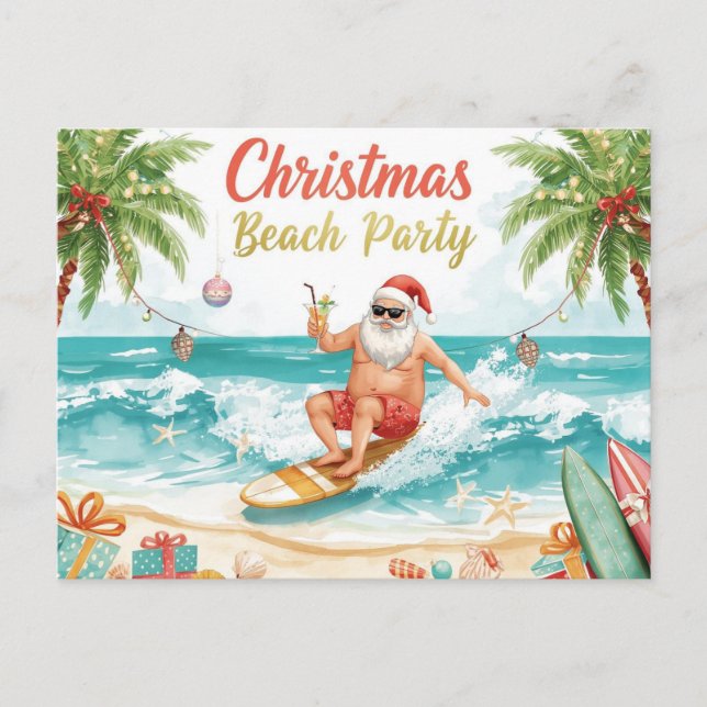 Cartão Postal De Convite Christmas Beach Party – Tropical Santa Surfing  (Frente)