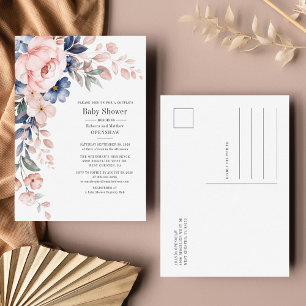 Cartão Postal De Convite Chuva de Bebê Casal Azul Rosa Floral Rústico