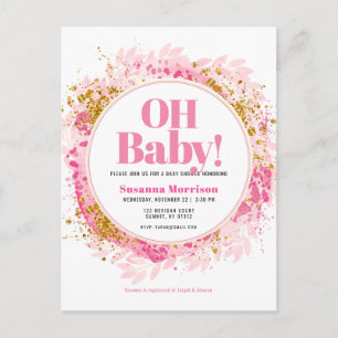 Cartão Postal De Convite Chuva de Bebê Menina com Glitter Dourado em Aquare