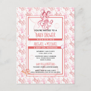 Cartão Postal De Convite Chuva de Bebê Menina Coral Rosa Polvo Vida Marinha