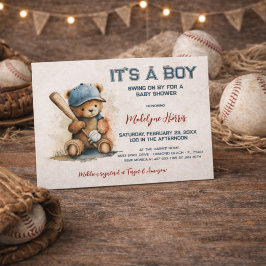 Cartão Postal De Convite Chuva de Bebê Menino Urso de Pelúcia Beisebol Aqua