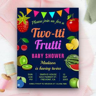 Cartão Postal De Convite Chuva de Cores Gêmeos Tutti Frutti Baby Shower