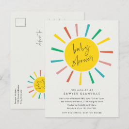 Cartão Postal De Convite Chuva de Cores Sol Moderno Chá de Bebê