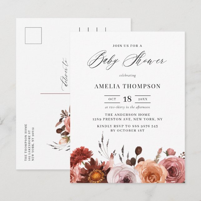 Cartão Postal De Convite Chuva de Flores Boho Aquarela Chuveiro de Bebê Out (Frente/Verso)