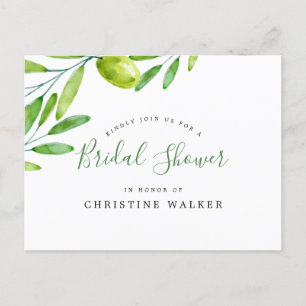 Cartão Postal De Convite Chuva de Noiva com Letra Manuscrita Olive Branch