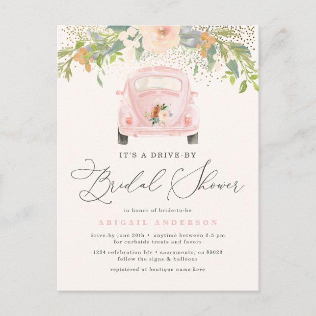 Cartão Postal De Convite Chuva de Noiva Floral em Aquarela Rosa (Frente)