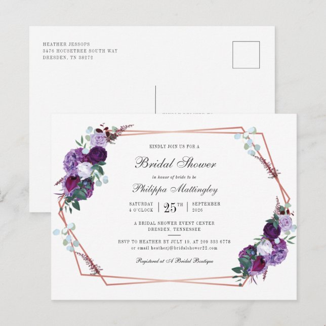Cartão Postal De Convite Chuva de Noiva Geográfica Moderna em Script Floral (Frente/Verso)