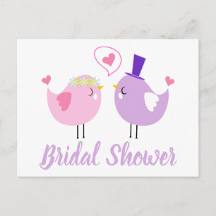 Cartão Postal De Convite Chuva de Noiva Rosa e Roxo Casal de Pombinhos Casa