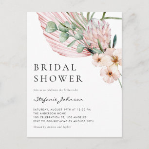 Cartão Postal De Convite Chuva de Noiva Tropical Protea Aquarela Rosa