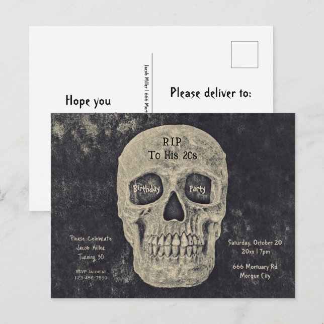 Cartão Postal De Convite Cinza Gótica Beige Skull Aniversário RIP Para Seus (Frente/Verso)