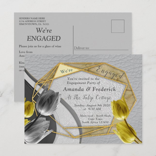 Cartão Postal De Convite Cinzas e tulipas amarelas na textura. (Frente/Verso)