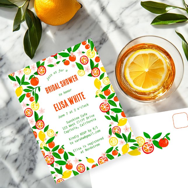 Cartão Postal De Convite Citrus Celebration CUSTOM Summer BRIDAL SHOWER (Citrus Celebration CUSTOM Summer Hand-drawn BRIDAL SHOWER Party Invitation Postcard
)
