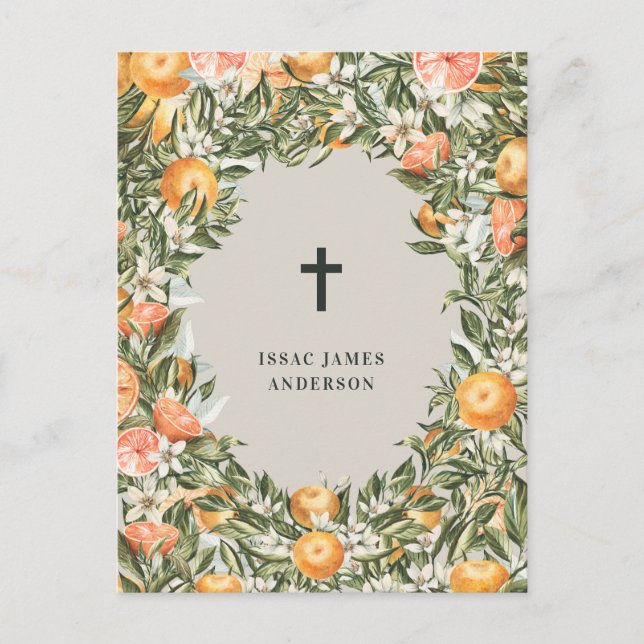 Cartão Postal De Convite Citrus, laranja + batismo batizante florescente (Frente)