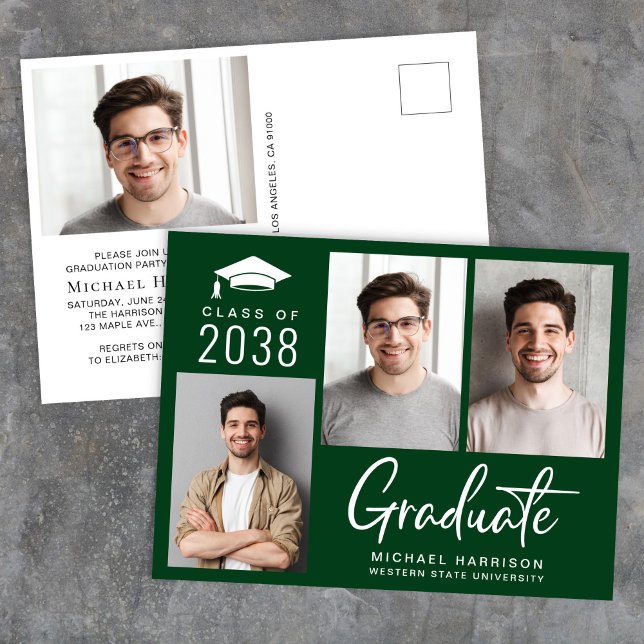 Cartão Postal De Convite Classe de Foto Moderna de Festa de formatura Verde (Modern Green Photo Graduation Party Invitation Postcard)