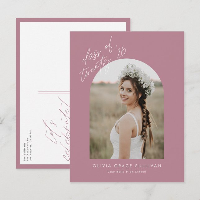 Cartão Postal De Convite Classe Mauve de Graduação de Foto em Arch em 2025 (Frente/Verso)