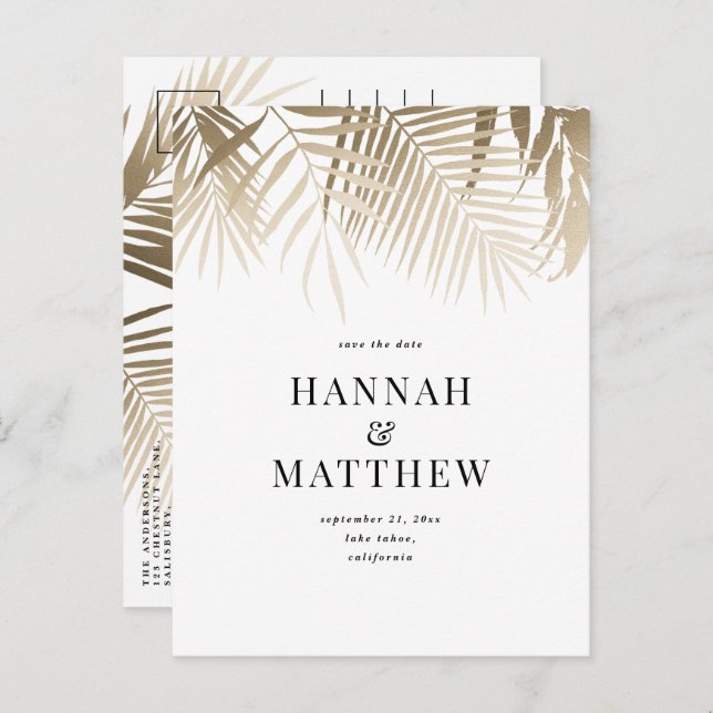 Cartão Postal De Convite Clássica tropical de ouro moderno salva a data (Frente/Verso)