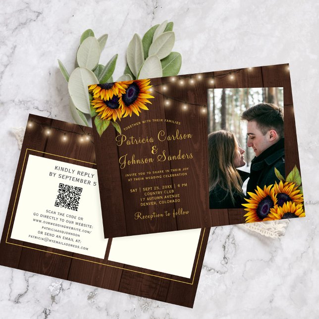 Cartão Postal De Convite Código QR: casamento floral com fotos florais rúst (Criador carregado)