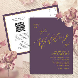 Cartão Postal De Convite Código QR Mauve Tudo Em Um Casamento Chic Dourado