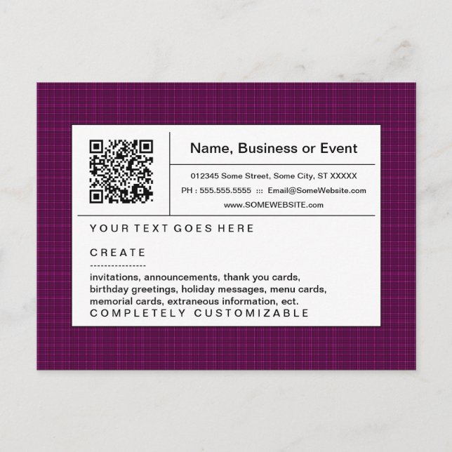 Cartão Postal De Convite código QR refinado: xadrez magenta (Frente)