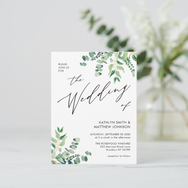 Cartão Postal De Convite Código QR Tudo Em Um Casamento Eucalyptus Greenery (Em pé/Frente)