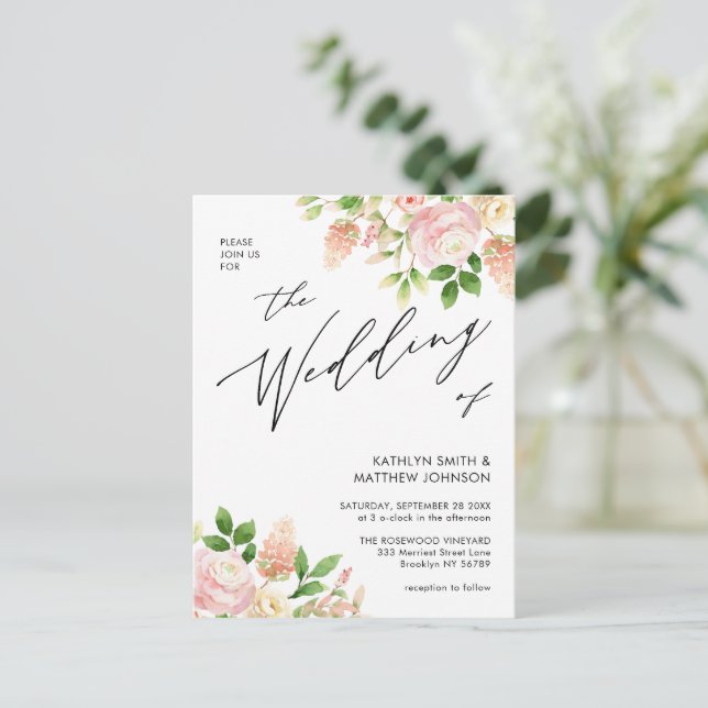 Cartão Postal De Convite Código QR Tudo em Um Casamento Rosa Rosa Rosa Rosa (Em pé/Frente)