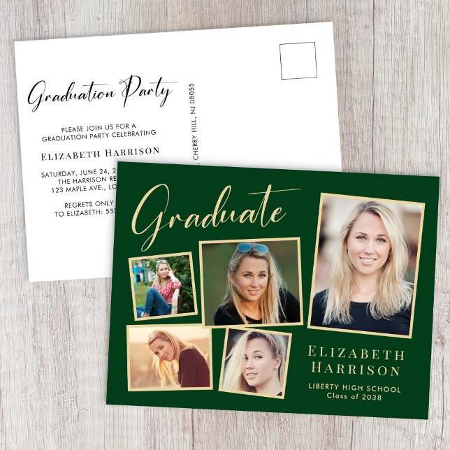 Cartão Postal De Convite Colagem de Fotos Moderna Festa de Formatura Verde  (Modern Photo Collage Green Gold Graduation Party Invitation Postcard)