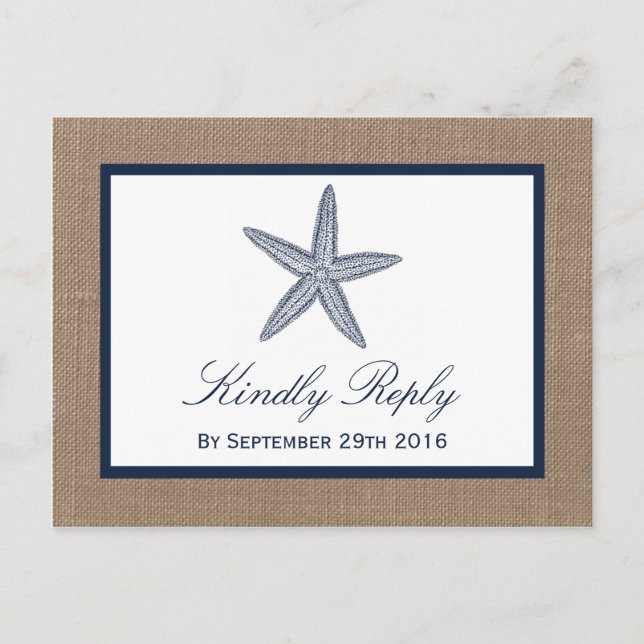 Cartão Postal De Convite Coleção de Casamentos de Praia de Starfish Burlap, (Frente)